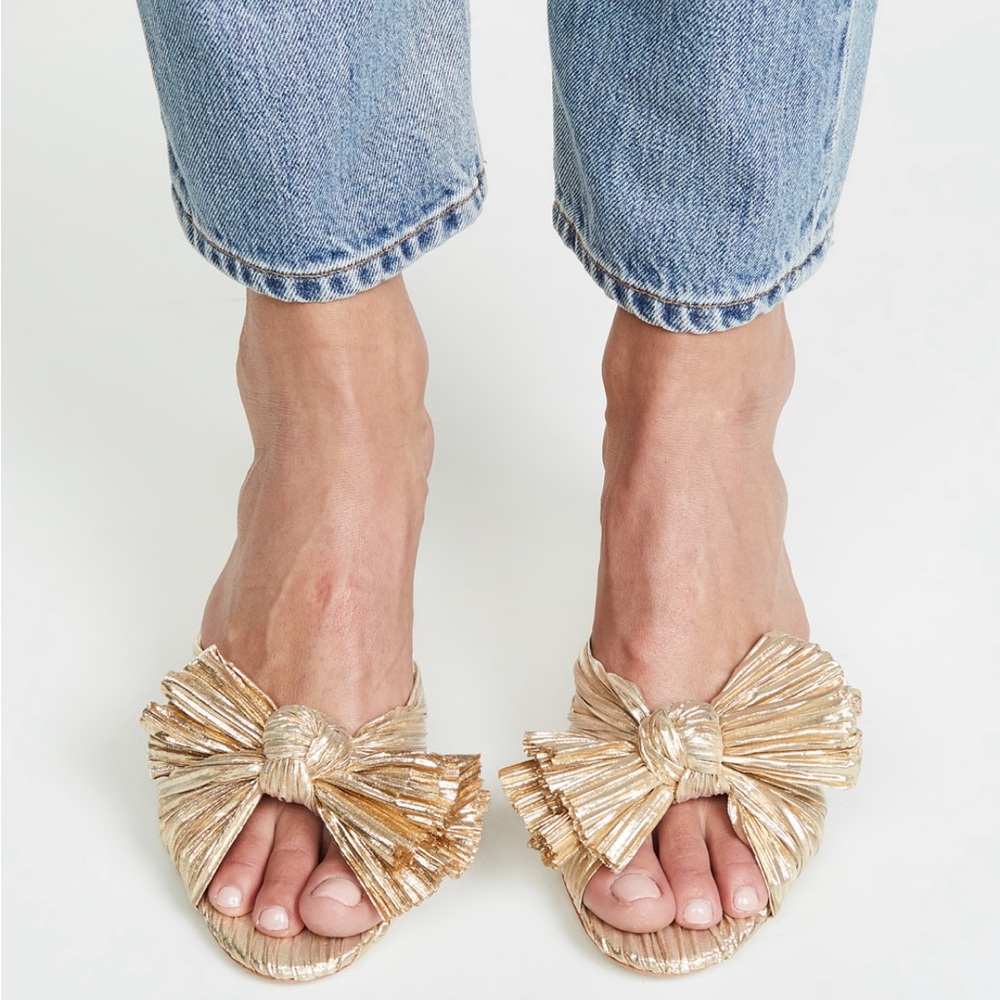 NWT Loeffler Randall Gold Emilia Pleated Knot Mules - 7.5 - Gold